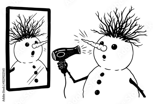 Funny snowman using hair dryer in front of mirror melting irony cartoon vector illustration