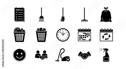Minimalist cleaning and scheduling icons in black and white