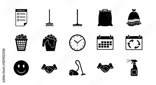Household chores icons set: broom, mop, clock, calendar, recycling, cleaning, happy face