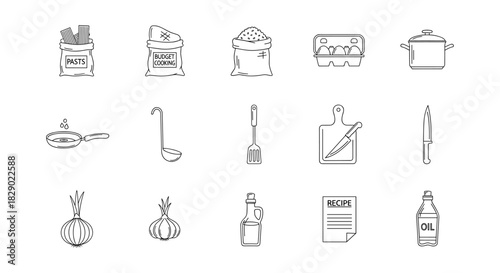 Essential kitchen cooking icons with pasta, spices, and utensils in simple linear style