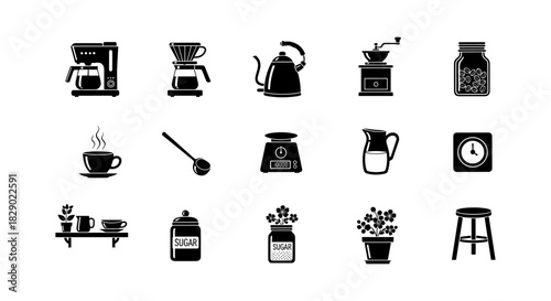 Elegant coffee icons: coffee makers, cups, grinders, and more in stylish silhouette design