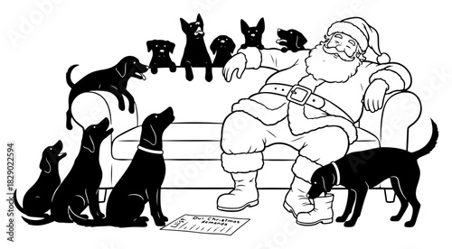 Santa Claus relaxing on the couch with many dogs and puppies hand drawn vector illustration