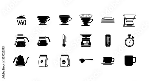 Coffee brewing essentials: icons of drippers, scales, and kettles for coffee enthusiasts