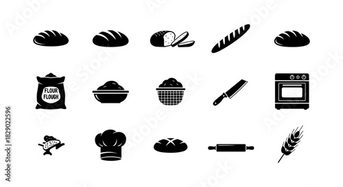 Silhouette bread icons: baking essentials with wheat and kitchen tools