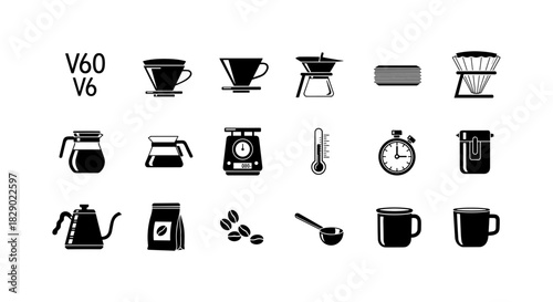 Coffee brewing icons: v60, scales, kettle, mugs, and more