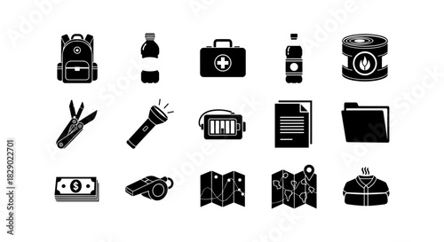 Essential camping and survival gear icons with minimalist silhouette design
