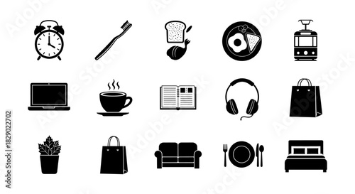 Icon set of daily essentials: breakfast, technology, transportation, and home