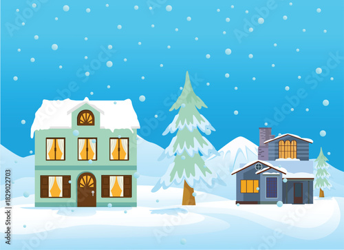 Winter Snow Village Illustration | Cozy Houses & Snowfall Landscape Scene