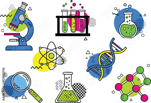 Science and Research Line Art Icons of Lab Equipment on White