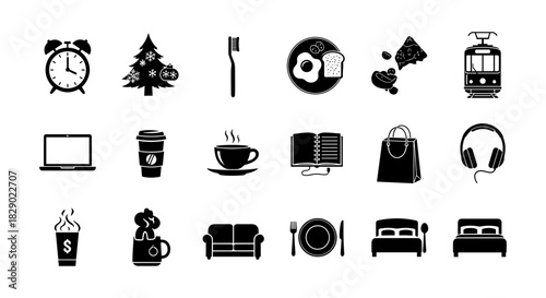 Silhouette icons collection: daily life essentials and activities in black and white