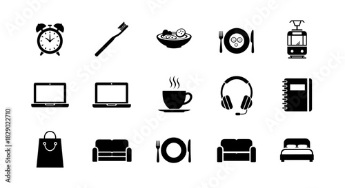 Simple black icons of everyday objects and activities for modern lifestyle