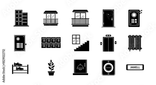 Minimalist urban building elements set with silhouette icons for modern design projects