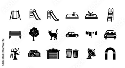 Playground and outdoor icons set: swings, slides, cars, and more in silhouette style