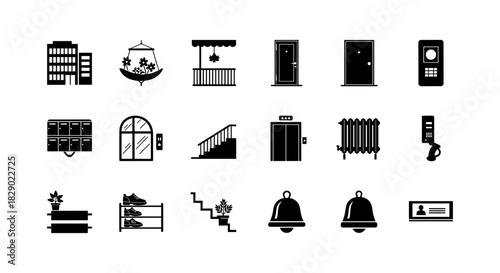 Minimalist icons of urban living: buildings, doors, plants, and more