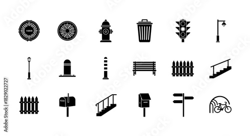 Urban street elements set with silhouette icons of benches, streetlights, and signs