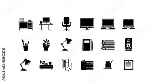 Silhouette office equipment icons: desk, computer, lamp, and more
