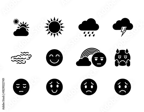 Weather and mood icons set: minimalist black symbols for forecast and emotion
