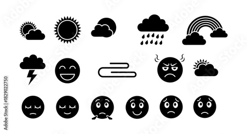Monochrome weather and emoji icons collection: clouds, sun, rainbows, emotions