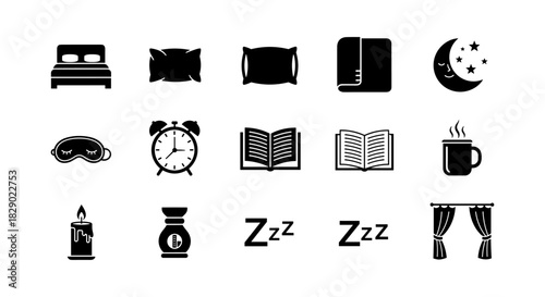 Sleep and relaxation icons set: bed, pillow, alarm, book, coffee, curtains, candle, moon