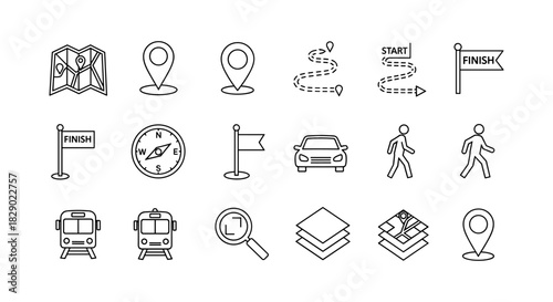 Minimalist navigation icons set for map and travel applications