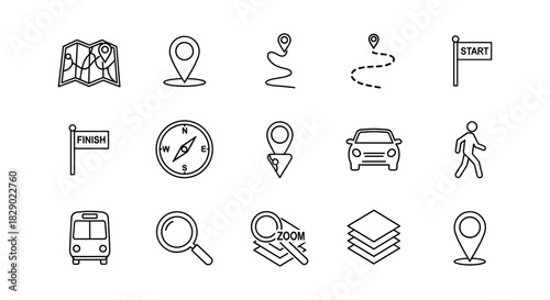 Navigation icons set: simple linear map, compass, transportation, and location markers