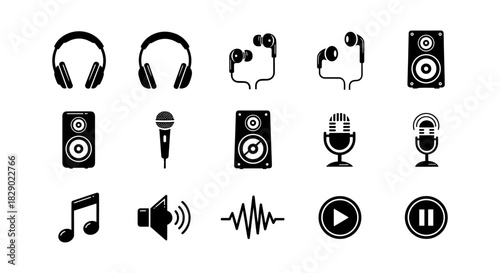 Collection of audio equipment icons: headphones, microphones, speakers in black silhouette style
