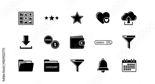 Minimalist black icons set: download, search, cloud, wallet, calendar