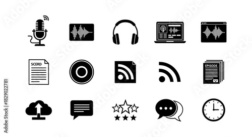 Podcast and media icons: monochrome set for audio and broadcasting themes