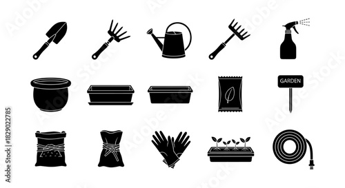 Essential gardening tools and supplies icon set in black silhouette style