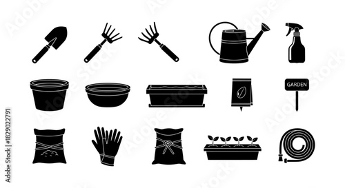 Essential gardening tools and supplies silhouette set for home gardeners