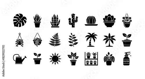 Collection of silhouette houseplants and garden icons in flat style