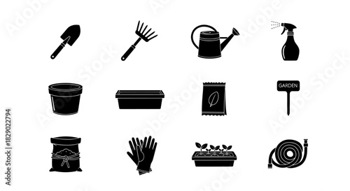 Essential gardening tools and equipment icons set