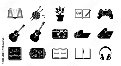Black and white hobby and leisure icons: music, plants, games, books, craft, photography