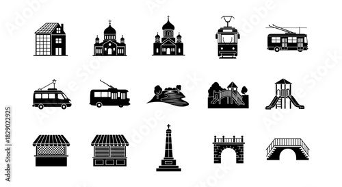 Monochrome silhouette illustrations of urban and architectural elements
