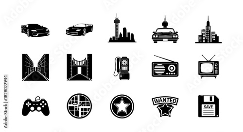 Retro urban icons set with classic cars, cityscapes, and vintage electronics