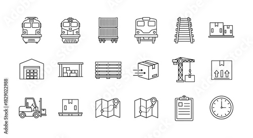 Logistics and transportation icons: warehouse, train, delivery, and inventory management