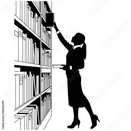 Helpful Female Librarian Shelving Books Vector Silhouette Image Education and Reading