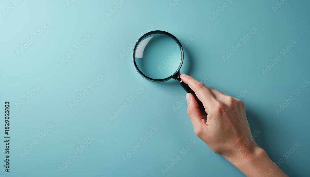 Fototapeta premium Hand holds magnifying glass on blue surface. Loupe checks detail on plain background. Research analysis concept presented. Close up of detective inspector exploring data for solution information.