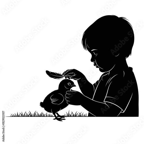 Tender Serene Silhouette of an Older Child Gently Brushing a Chick with a Feather