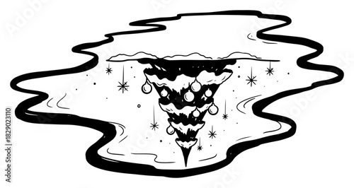 Reflection of upside down Christmas tree in water puddle melting ice surreal vector illustration