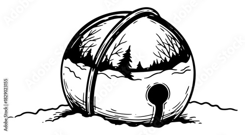 Giant jingle bell vector illustration with winter forest landscape scene reflection inside in black and white sketch style