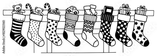 Row of hanging Christmas stockings vector set filled with gifts toys and candy canes with various patterns in outline style