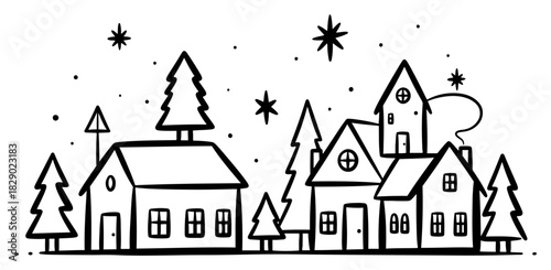 Cute winter village landscape with small houses and pine trees line art vector illustration
