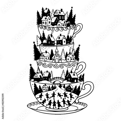 Surreal stack of teacups with winter village scenes and ice skaters inside vector illustration