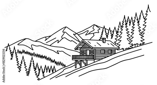 Mountain landscape with wooden cabin and pine forest line art vector illustration