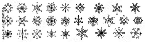 Large set of different snowflakes winter ice crystals hand drawn vector illustration