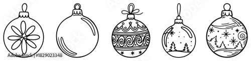 Christmas ball ornament vector set collection featuring hanging baubles with different patterns in black outline sketch style