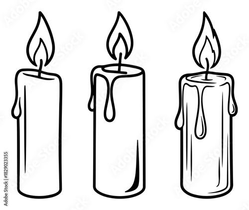 Burning candle vector set illustration showing three melting wax candles with flames in hand drawn black outline sketch style