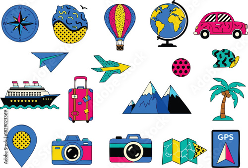 Travel Icons Illustration Globe, Airplane, Camera & More