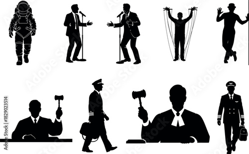 Diverse professions silhouette collection astronaut singer judge and more